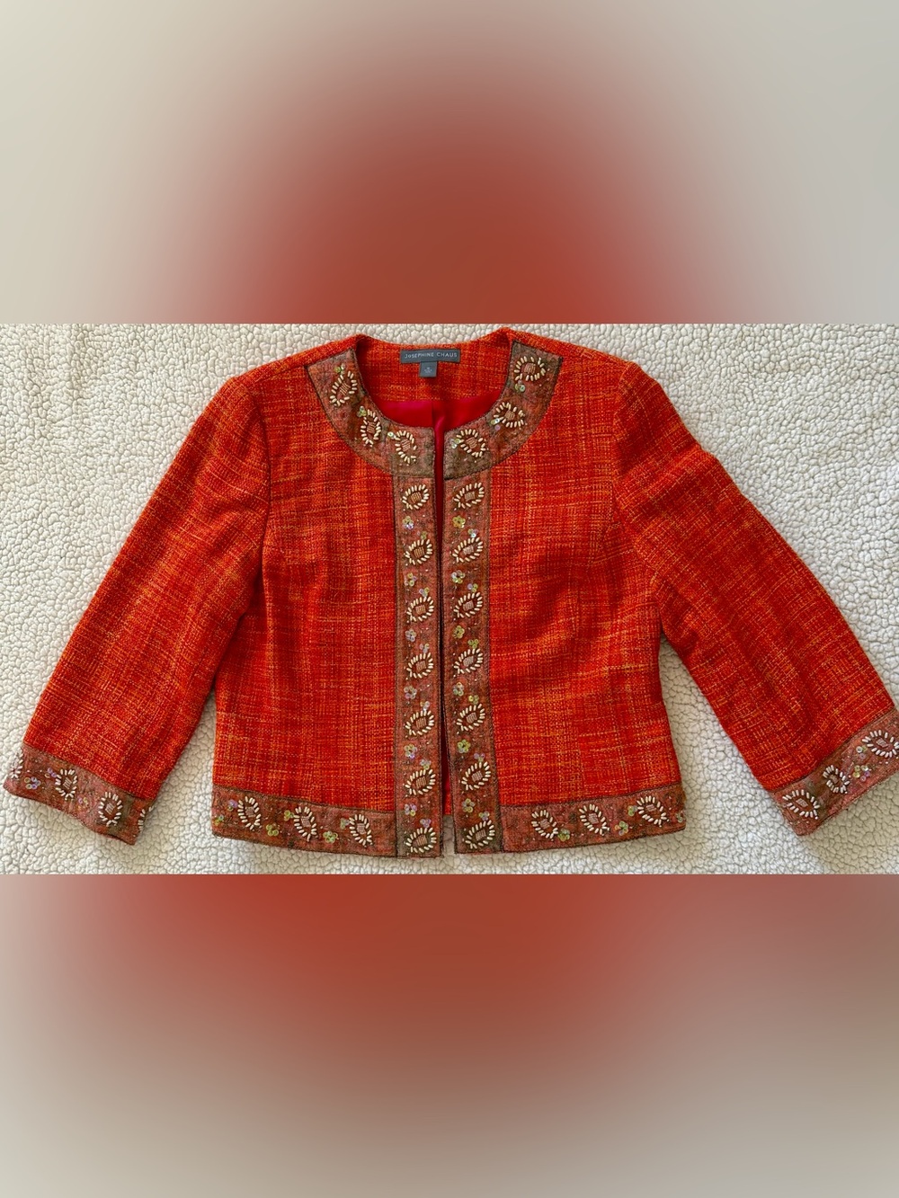 Josephine Chaus Bright Orange Embellished Silk and Tweed Jacket